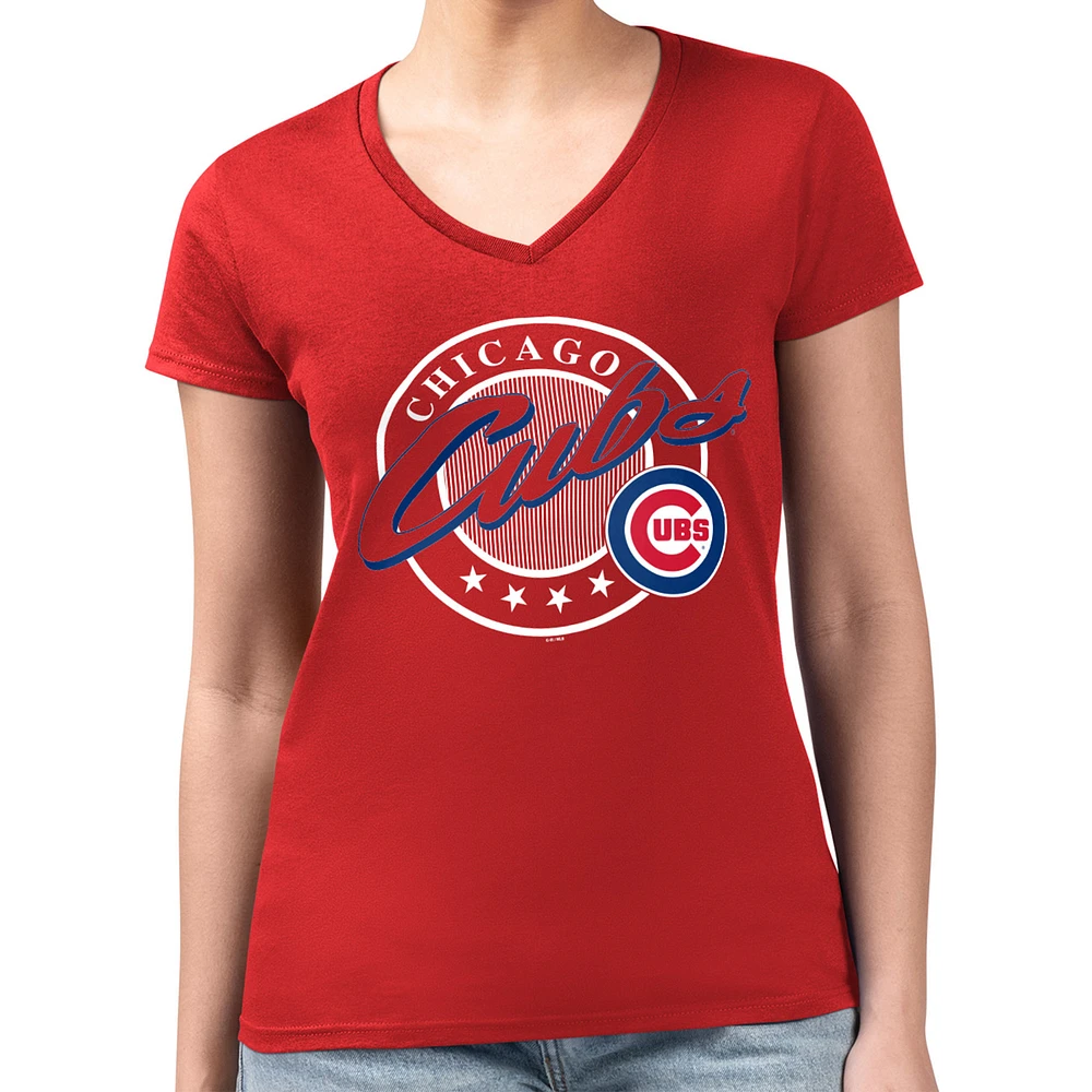 Women's G-III 4Her by Carl Banks Red Chicago Cubs Super-Slim Fit Lightweight Pinstripe Circle V-Neck T-Shirt