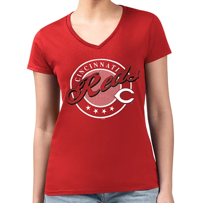 Women's G-III 4Her by Carl Banks Red Cincinnati Reds Super-Slim Fit Lightweight Pinstripe Circle V-Neck T-Shirt