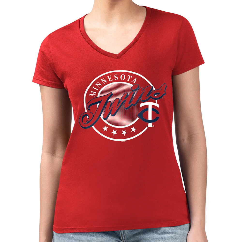 Women's G-III 4Her by Carl Banks Red Minnesota Twins Super-Slim Fit Lightweight Pinstripe Circle V-Neck T-Shirt