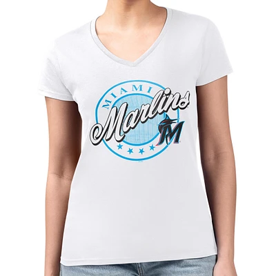 Women's G-III 4Her by Carl Banks White Miami Marlins Super-Slim Fit Lightweight Pinstripe Circle V-Neck T-Shirt