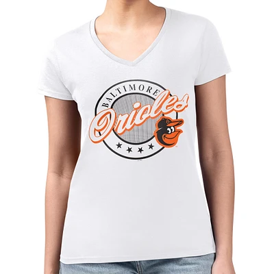 Women's G-III 4Her by Carl Banks White Baltimore Orioles Super-Slim Fit Lightweight Pinstripe Circle V-Neck T-Shirt