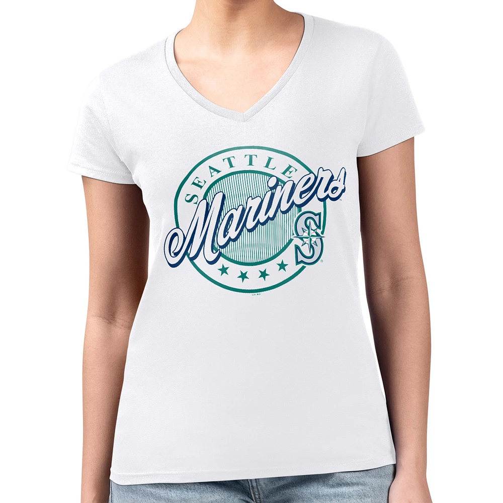 Women's G-III 4Her by Carl Banks White Seattle Mariners Super-Slim Fit Lightweight Pinstripe Circle V-Neck T-Shirt