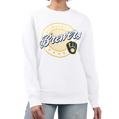 Women's G-III 4Her by Carl Banks White Milwaukee Brewers Pinstripe Circle Team Fleece Pullover Sweatshirt
