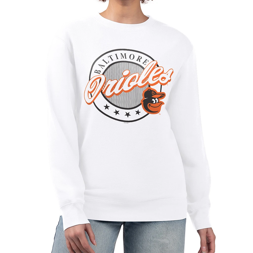 Women's G-III 4Her by Carl Banks White Baltimore Orioles Pinstripe Circle Team Fleece Pullover Sweatshirt