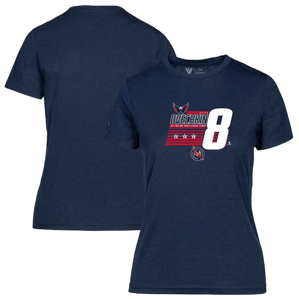 Women's Levelwear Alexander Ovechkin Navy Washington Capitals NHL All-Time Leading Goal Scorer Milestone Stripes Name & Number Maddox T-Shirt