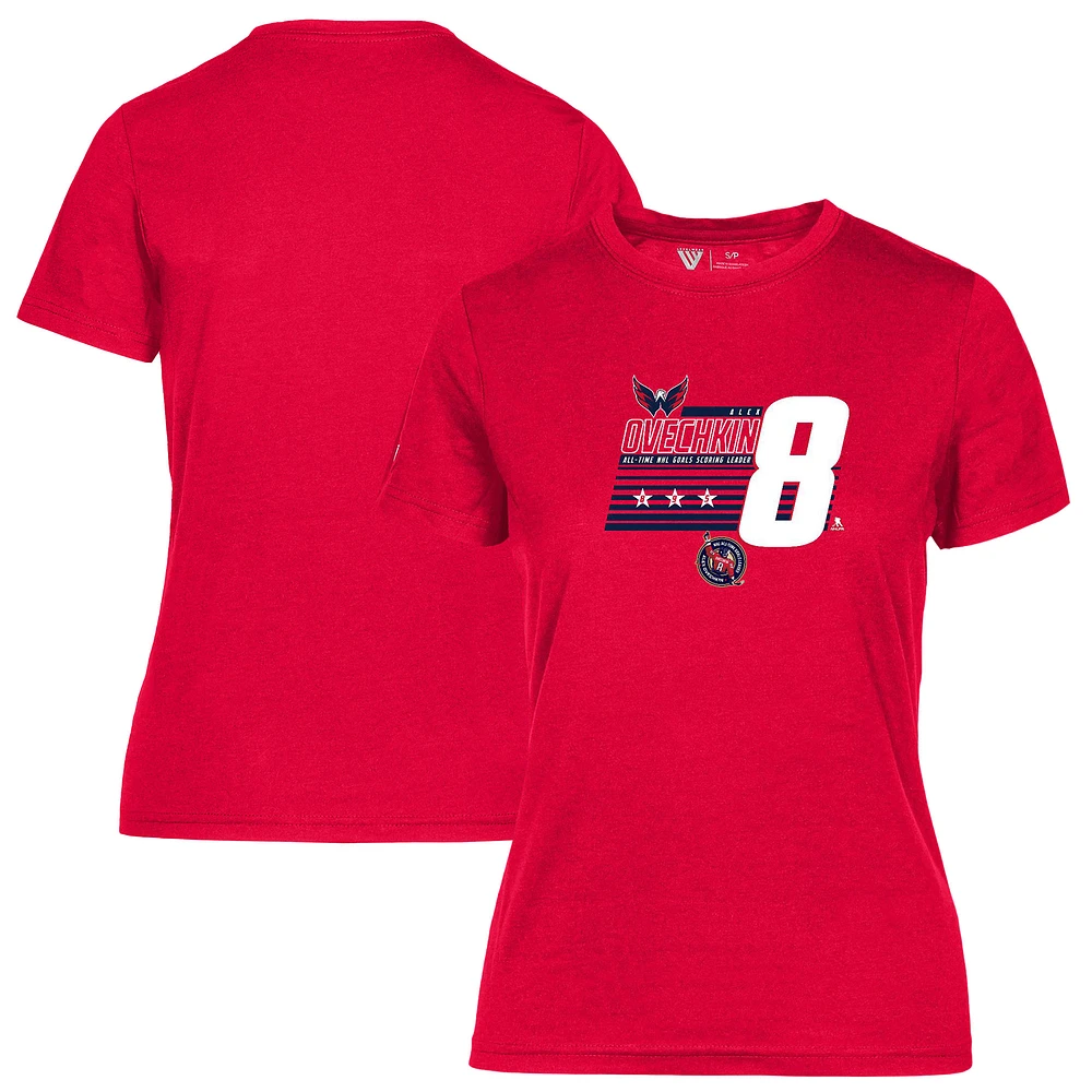 Women's Levelwear Alexander Ovechkin Washington Capitals NHL All-Time Leading Goal Scorer Milestone Stripes Name & Number Maddox T-Shirt