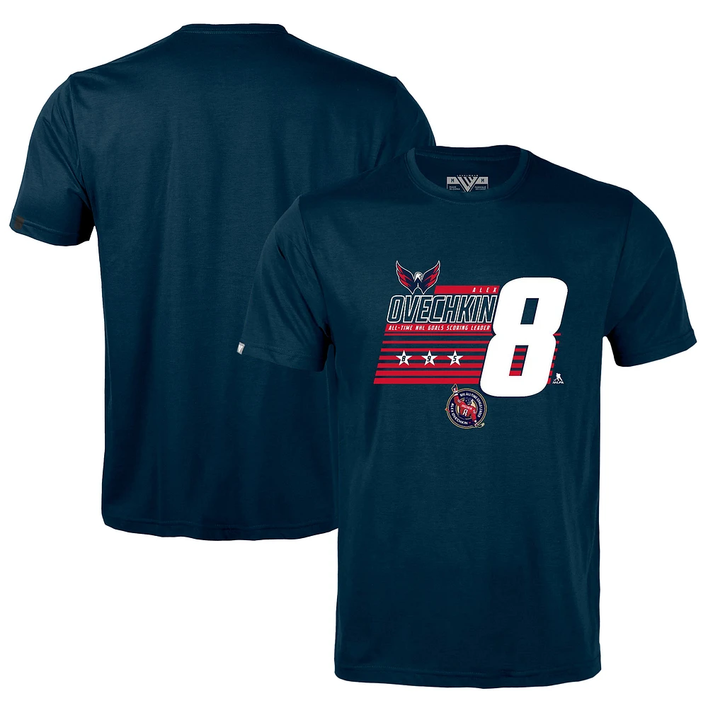 Men's Levelwear Alexander Ovechkin Navy Washington Capitals NHL All-Time Leading Goal Scorer Milestone Stripes Name & Number Richmond T-Shirt