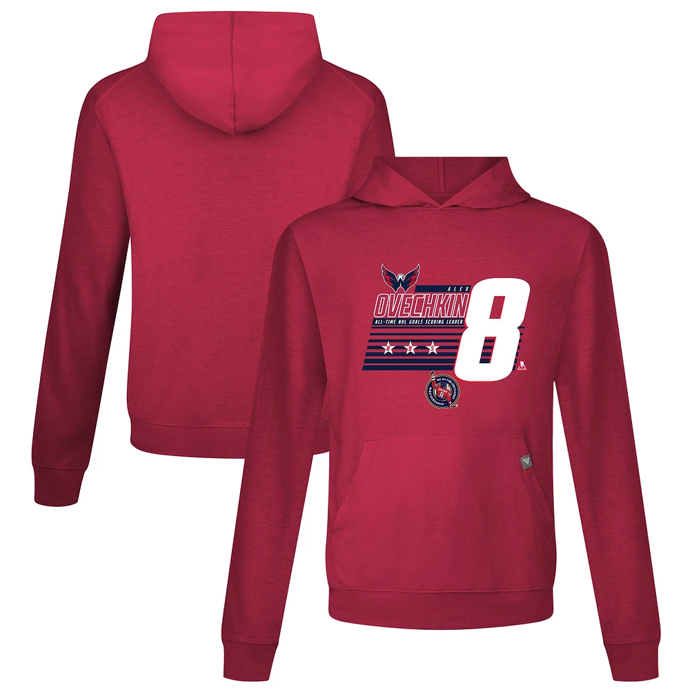 Men's Levelwear Alexander Ovechkin Washington Capitals NHL All-Time Leading Goal Scorer Milestone Stripes Name & Number Relay Pullover Hoodie