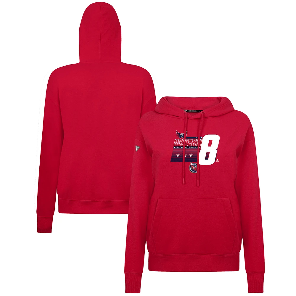 Women's Levelwear Alexander Ovechkin Washington Capitals NHL All-Time Leading Goal Scorer Milestone Stripes Name & Number Adorn Pullover Hoodie