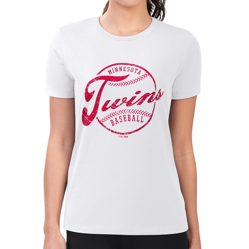 Women's G-III 4Her by Carl Banks White Minnesota Twins Super-Slim Fit Lightweight Distressed Baseball Team T-Shirt