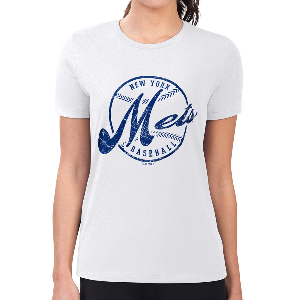 Women's G-III 4Her by Carl Banks White New York Mets Super-Slim Fit Lightweight Distressed Baseball Team T-Shirt