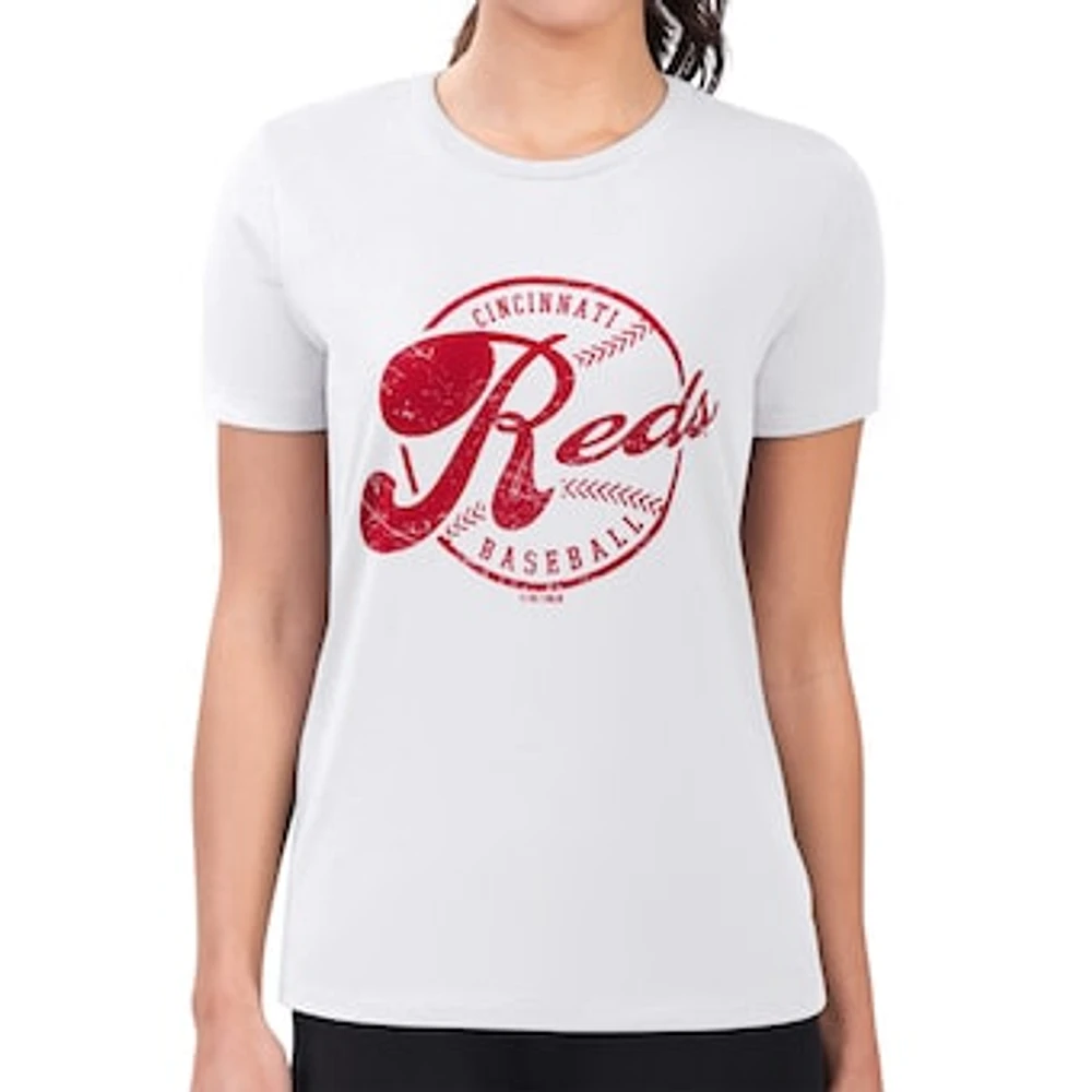 Women's G-III 4Her by Carl Banks White Cincinnati Reds Super-Slim Fit Lightweight Distressed Baseball Team T-Shirt
