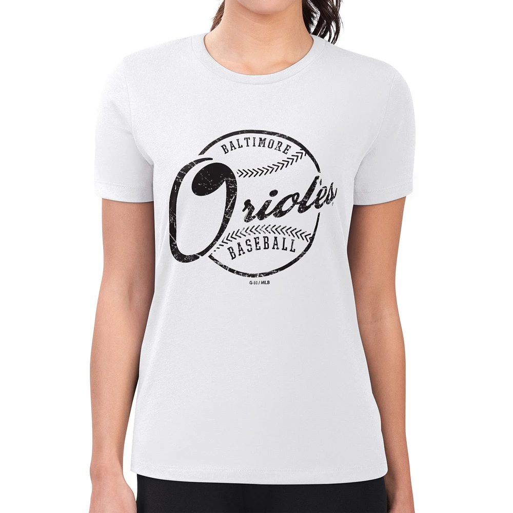 Women's G-III 4Her by Carl Banks White Baltimore Orioles Super-Slim Fit Lightweight Distressed Baseball Team T-Shirt