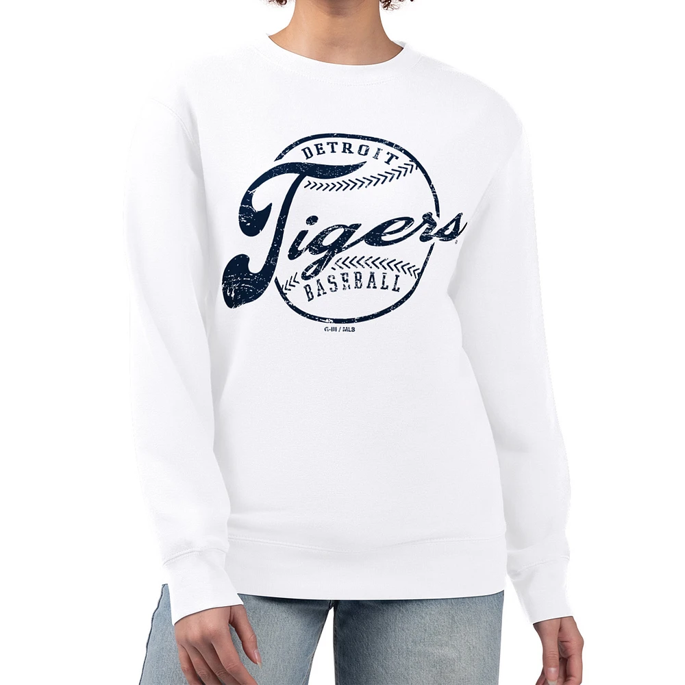 Women's G-III 4Her by Carl Banks White Detroit Tigers Distressed Baseball Team Fleece Pullover Sweatshirt