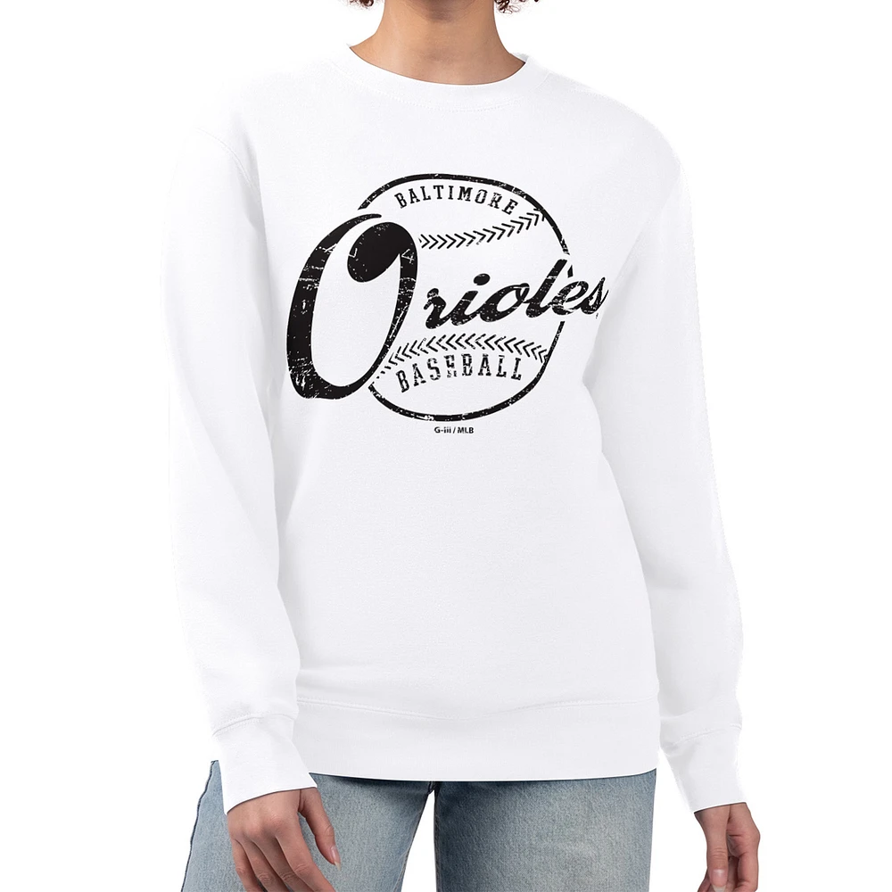 Women's G-III 4Her by Carl Banks White Baltimore Orioles Distressed Baseball Team Fleece Pullover Sweatshirt