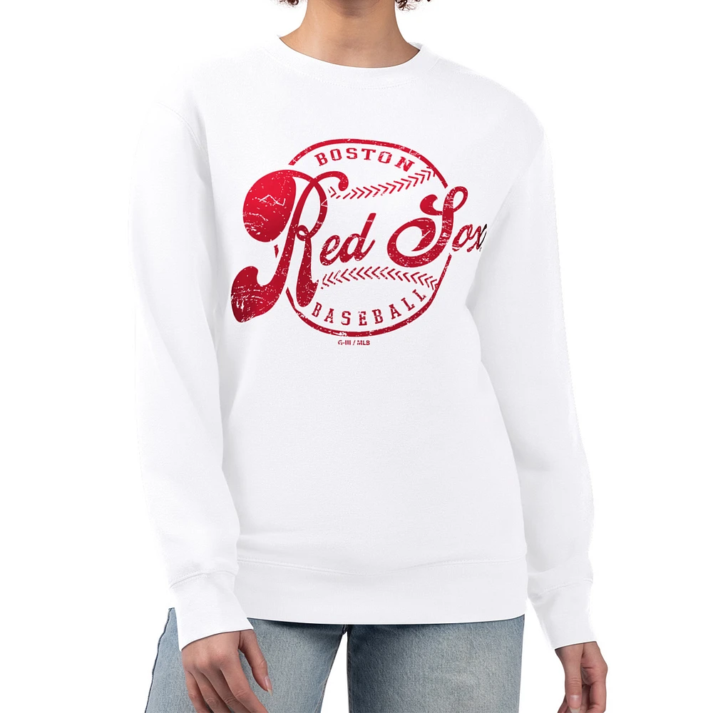 Women's G-III 4Her by Carl Banks White Boston Red Sox Distressed Baseball Team Fleece Pullover Sweatshirt