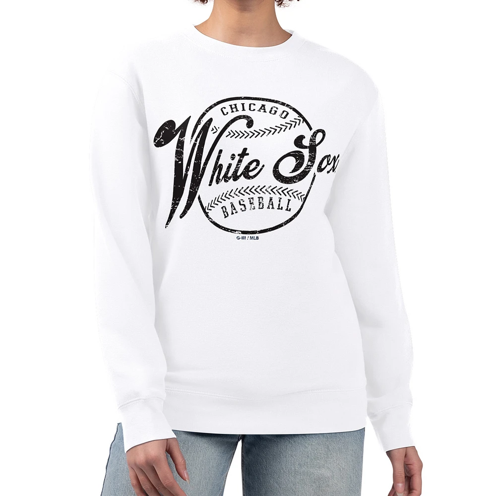Women's G-III 4Her by Carl Banks White Chicago Sox Distressed Baseball Team Fleece Pullover Sweatshirt