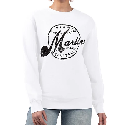 Women's G-III 4Her by Carl Banks White Miami Marlins Distressed Baseball Team Fleece Pullover Sweatshirt