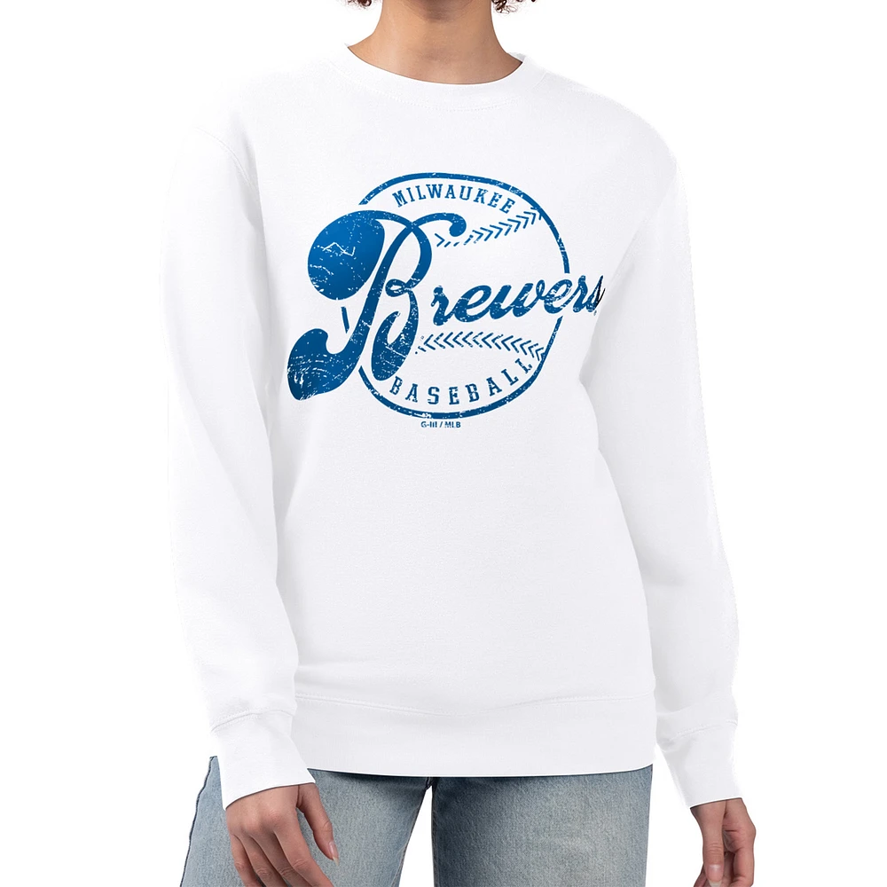 Women's G-III 4Her by Carl Banks White Milwaukee Brewers Distressed Baseball Team Fleece Pullover Sweatshirt