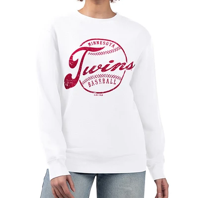 Women's G-III 4Her by Carl Banks White Minnesota Twins Distressed Baseball Team Fleece Pullover Sweatshirt