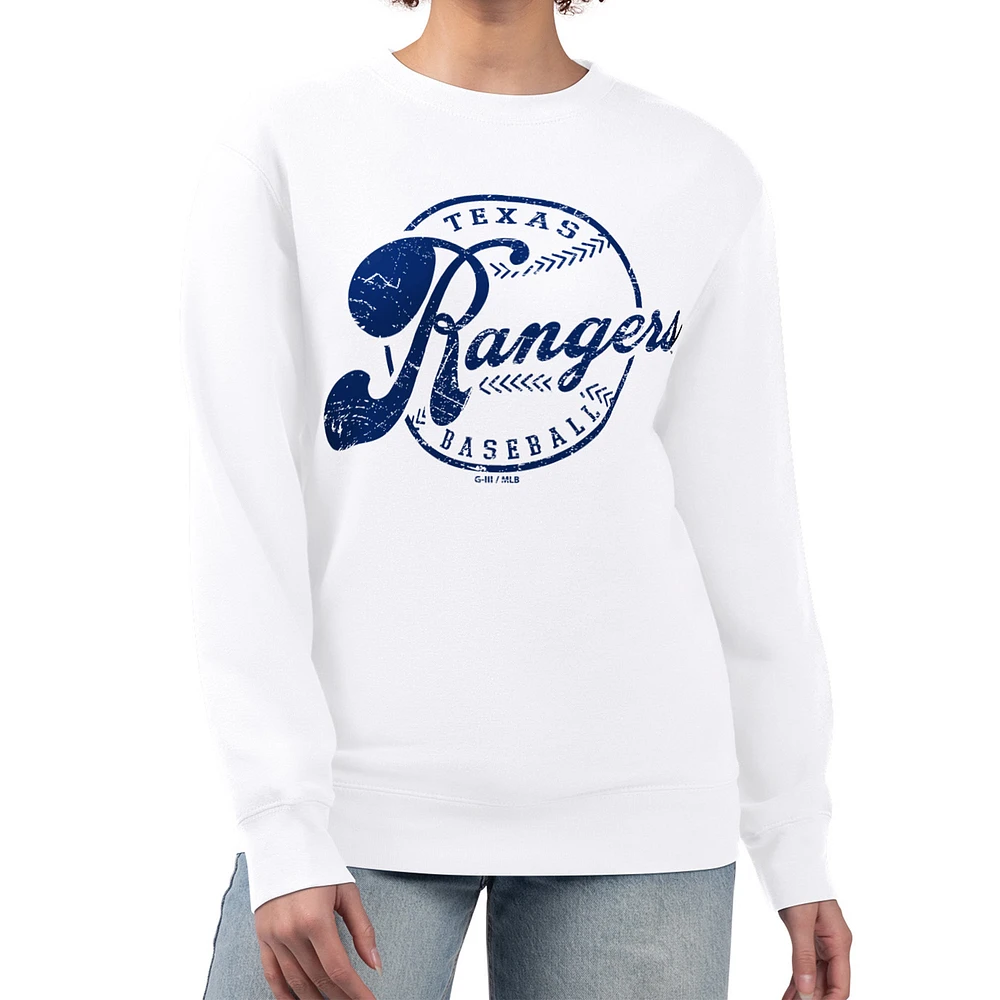 Women's G-III 4Her by Carl Banks White Texas Rangers Distressed Baseball Team Fleece Pullover Sweatshirt