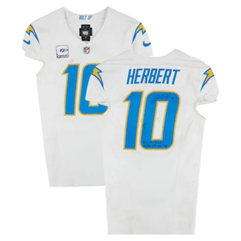 Justin Herbert Los Angeles Chargers Autographed Game-Used #10 White Nike Jersey vs. Denver Broncos on October 13, 2024 With Multiple Inscriptions
