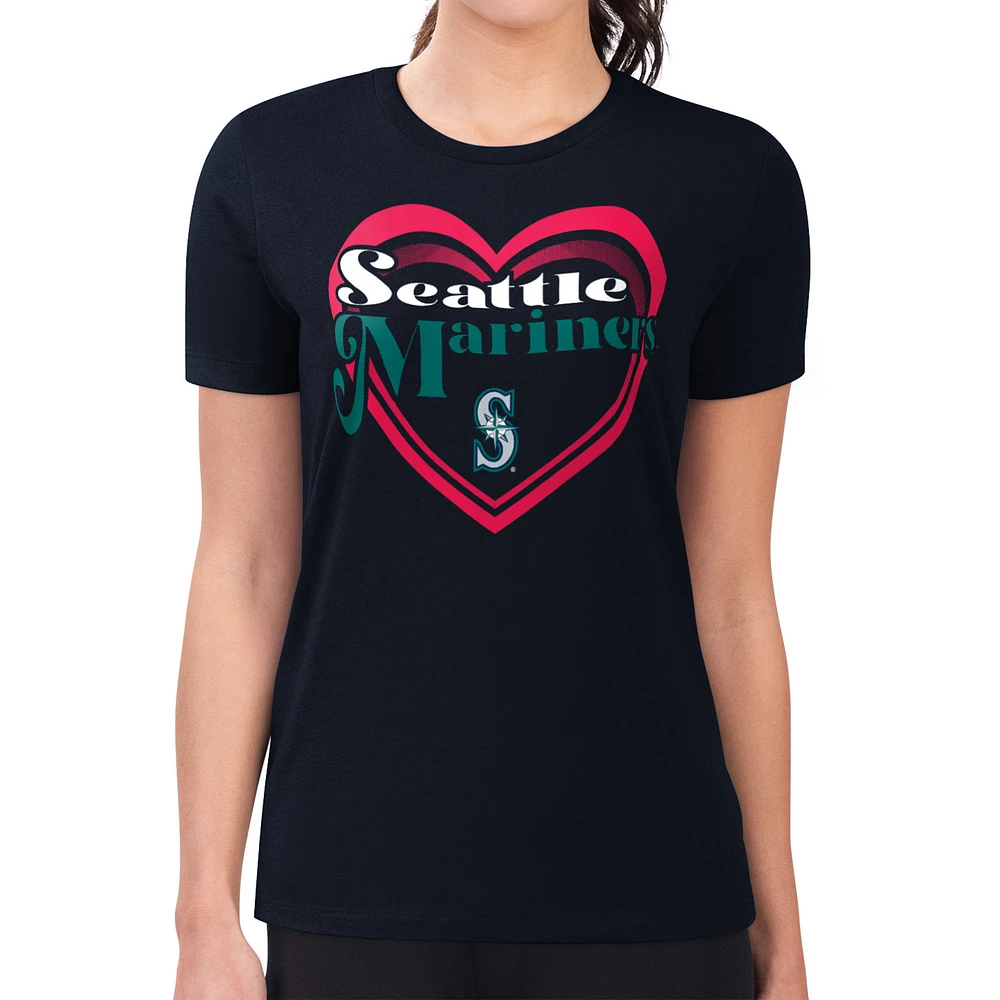 Women's G-III 4Her by Carl Banks Navy Seattle Mariners Super-Slim Fit Lightweight Double Heart T-Shirt