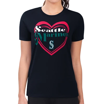 Women's G-III 4Her by Carl Banks Navy Seattle Mariners Super-Slim Fit Lightweight Double Heart T-Shirt