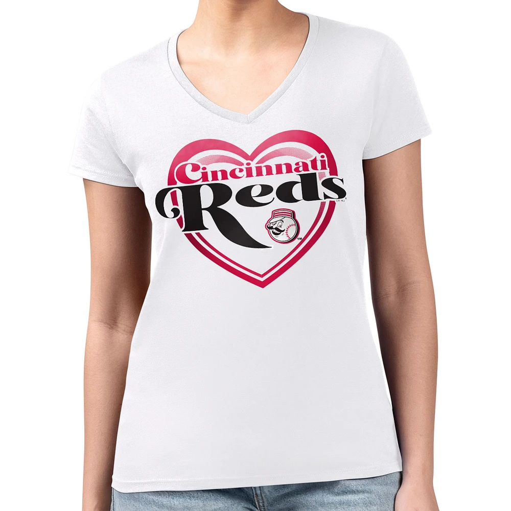 Women's G-III 4Her by Carl Banks White Cincinnati Reds Super-Slim Fit Lightweight Double Heart V-Neck T-Shirt