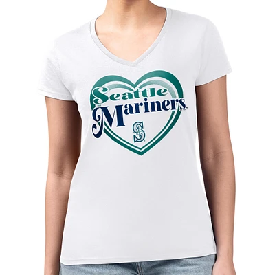 Women's G-III 4Her by Carl Banks White Seattle Mariners Super-Slim Fit Lightweight Double Heart V-Neck T-Shirt