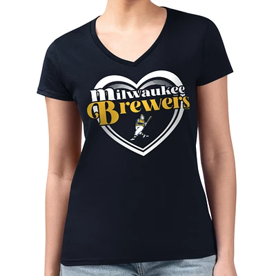 Women's G-III 4Her by Carl Banks Navy Milwaukee Brewers Super-Slim Fit Lightweight Double Heart V-Neck T-Shirt
