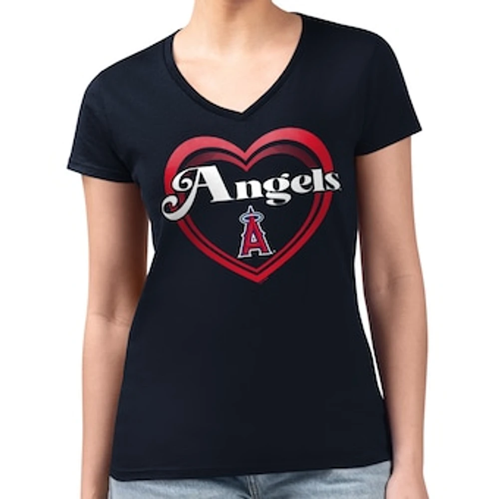 Women's G-III 4Her by Carl Banks Navy Los Angeles Angels Super-Slim Fit Lightweight Double Heart V-Neck T-Shirt