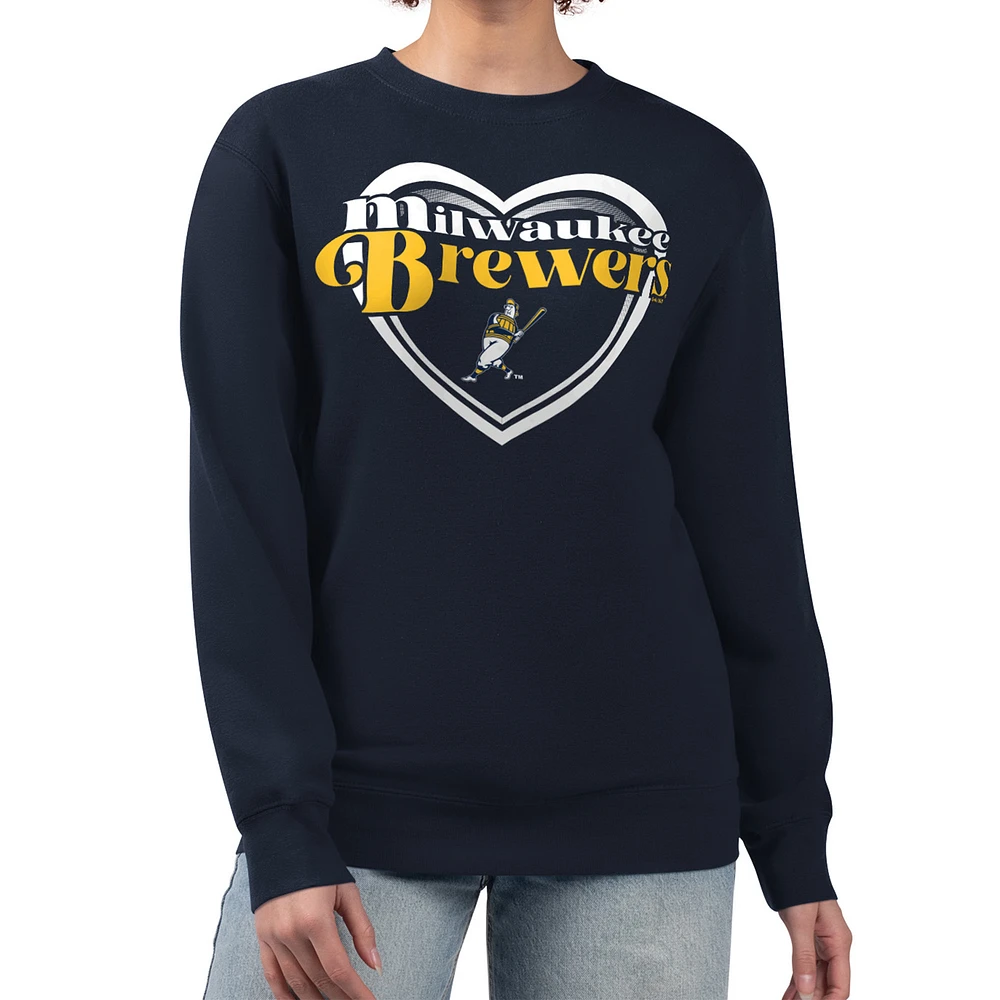 Women's G-III 4Her by Carl Banks Navy Milwaukee Brewers Double Heart Fleece Pullover Sweatshirt