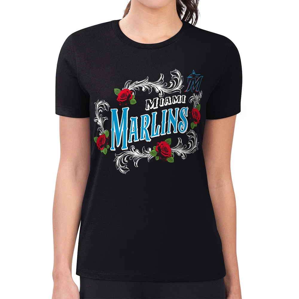 Women's G-III 4Her by Carl Banks Black Miami Marlins Super-Slim Fit Lightweight Retro Roses T-Shirt