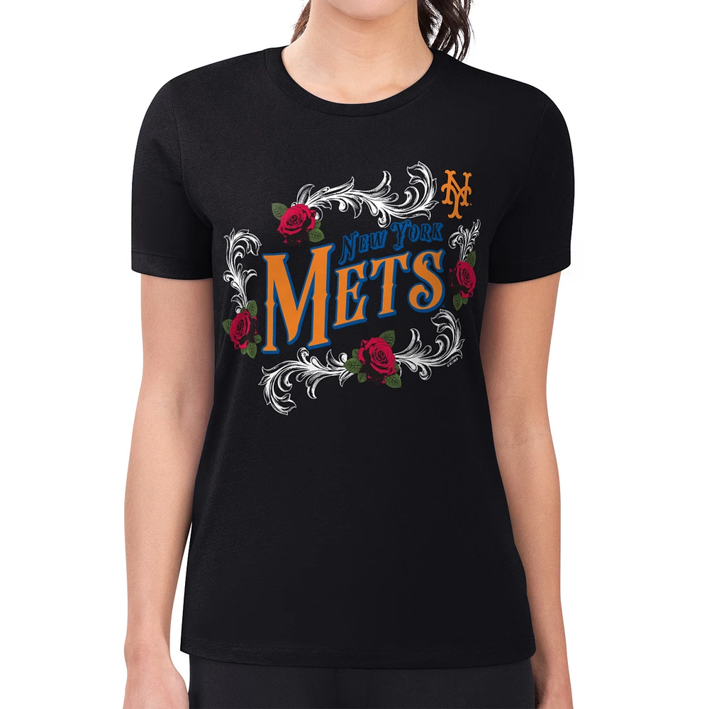 Women's G-III 4Her by Carl Banks Black New York Mets Super-Slim Fit Lightweight Retro Roses T-Shirt
