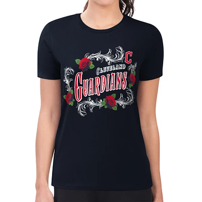 Women's G-III 4Her by Carl Banks Navy Cleveland Guardians Super-Slim Fit Lightweight Retro Roses T-Shirt