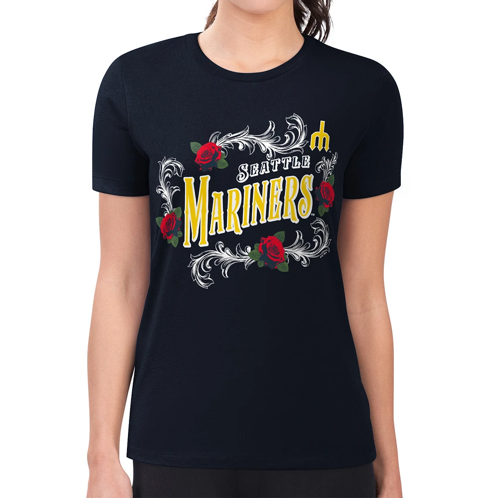 Women's G-III 4Her by Carl Banks Navy Seattle Mariners Super-Slim Fit Lightweight Retro Roses T-Shirt