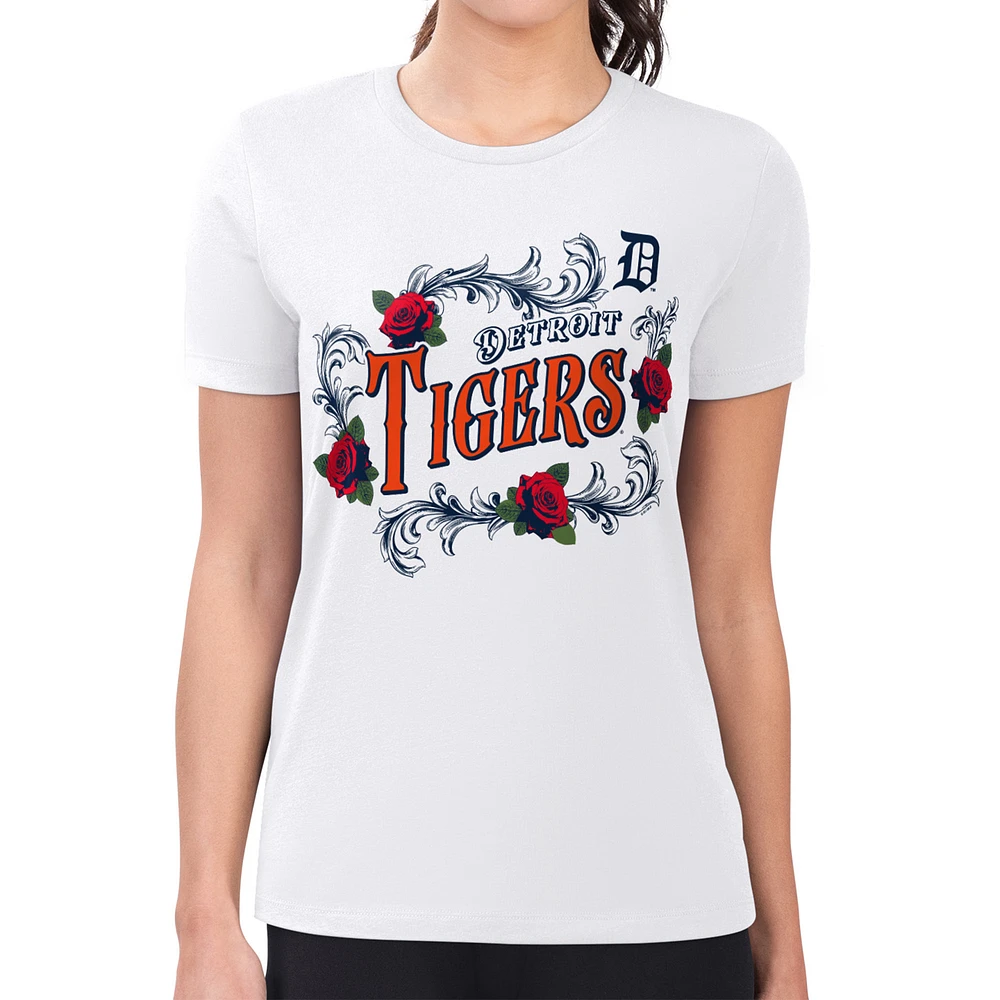 Women's G-III 4Her by Carl Banks White Detroit Tigers Super-Slim Fit Lightweight Retro Roses T-Shirt