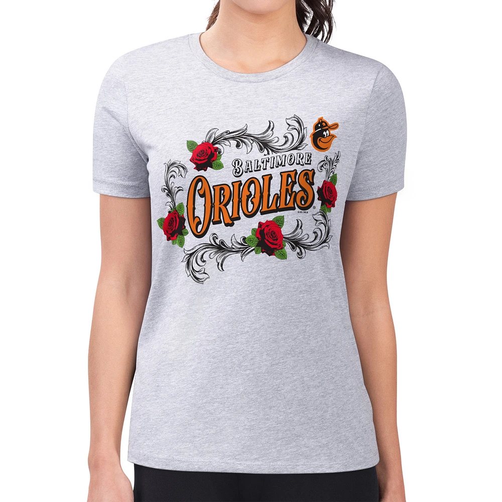 Women's G-III 4Her by Carl Banks Gray Baltimore Orioles Super-Slim Fit Lightweight Retro Roses T-Shirt