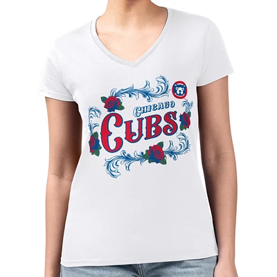 Women's G-III 4Her by Carl Banks White Chicago Cubs Super-Slim Fit Lightweight Retro Roses V-Neck T-Shirt