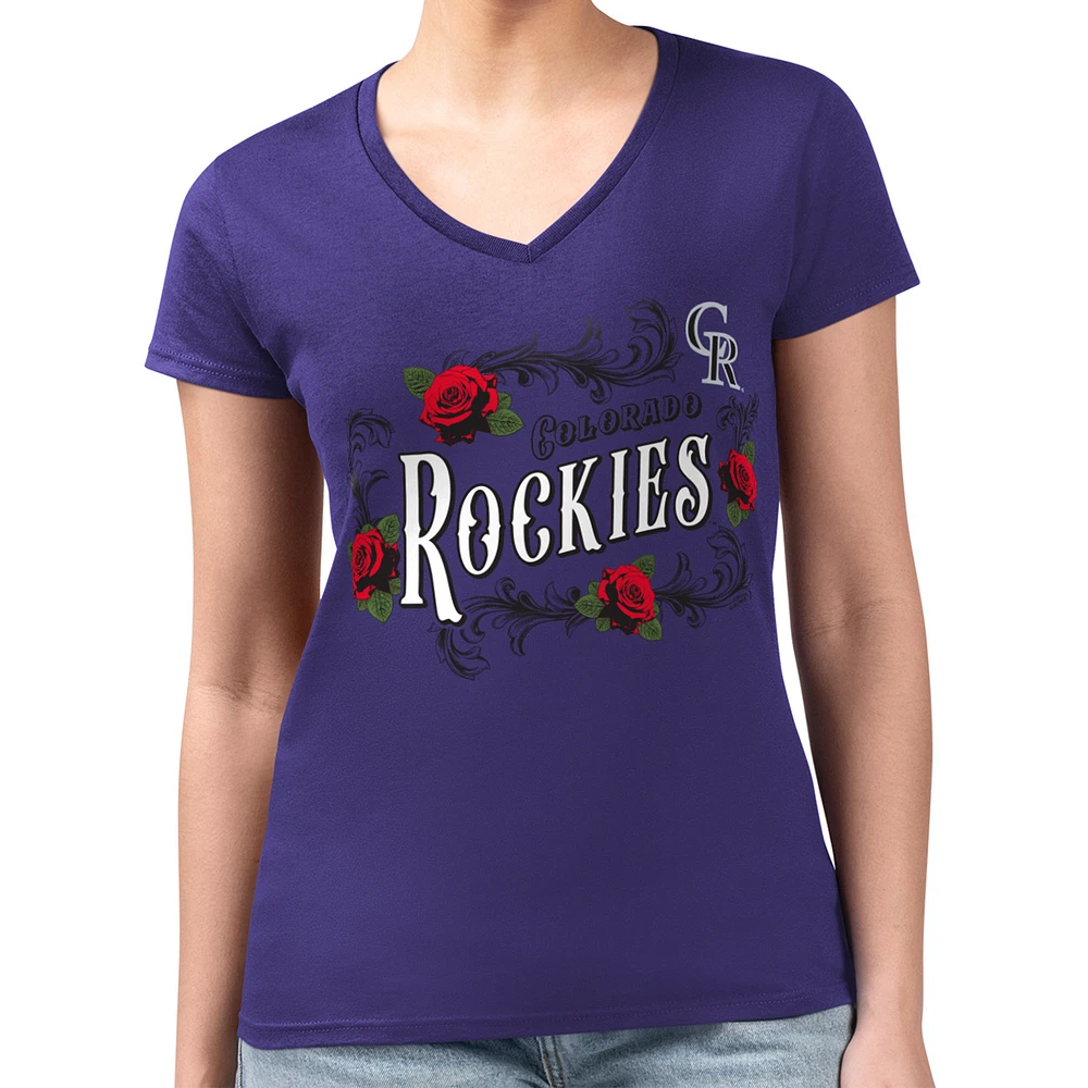 Women's G-III 4Her by Carl Banks Purple Colorado Rockies Super-Slim Fit Lightweight Retro Roses V-Neck T-Shirt