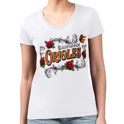 Women's G-III 4Her by Carl Banks White Baltimore Orioles Super-Slim Fit Lightweight Retro Roses V-Neck T-Shirt