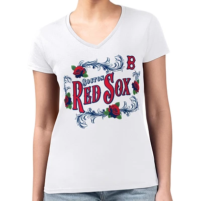 Women's G-III 4Her by Carl Banks White Boston Red Sox Super-Slim Fit Lightweight Retro Roses V-Neck T-Shirt