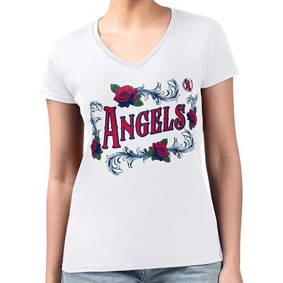 Women's G-III 4Her by Carl Banks White Los Angeles Angels Super-Slim Fit Lightweight Retro Roses V-Neck T-Shirt