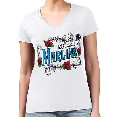 Women's G-III 4Her by Carl Banks White Miami Marlins Super-Slim Fit Lightweight Retro Roses V-Neck T-Shirt