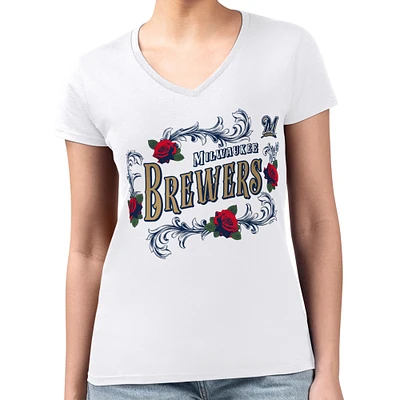 Women's G-III 4Her by Carl Banks White Milwaukee Brewers Super-Slim Fit Lightweight Retro Roses V-Neck T-Shirt