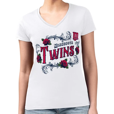 Women's G-III 4Her by Carl Banks White Minnesota Twins Super-Slim Fit Lightweight Retro Roses V-Neck T-Shirt