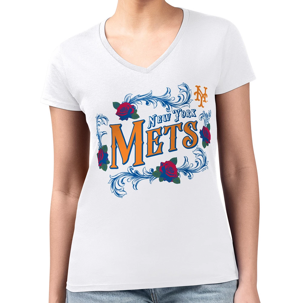 Women's G-III 4Her by Carl Banks White New York Mets Super-Slim Fit Lightweight Retro Roses V-Neck T-Shirt