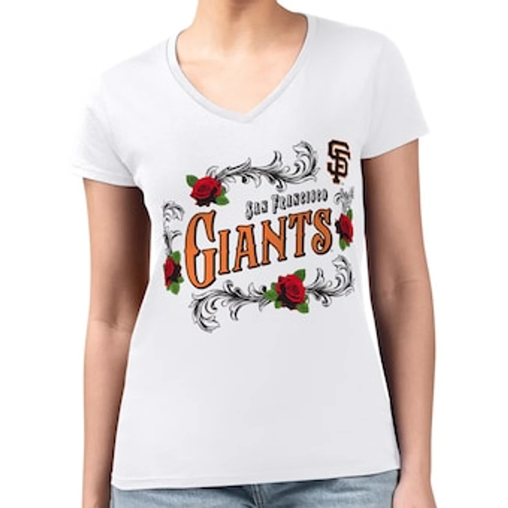 Women's G-III 4Her by Carl Banks White San Francisco Giants Super-Slim Fit Lightweight Retro Roses V-Neck T-Shirt