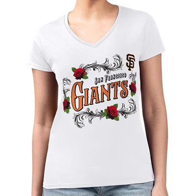 Women's G-III 4Her by Carl Banks White San Francisco Giants Super-Slim Fit Lightweight Retro Roses V-Neck T-Shirt
